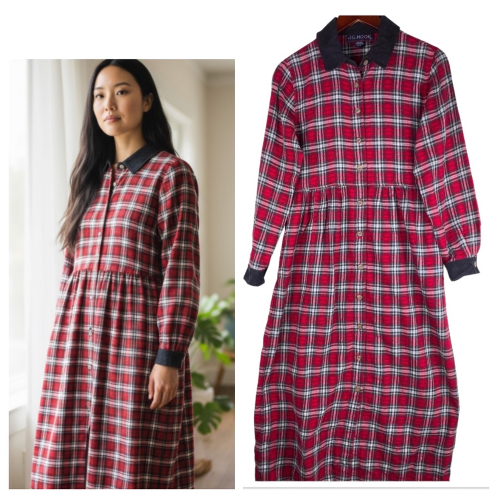 Vtg JG Hook 6 Medium Dress Shirtdress Midi Maxi Plaid Flannel Prairie Red Black